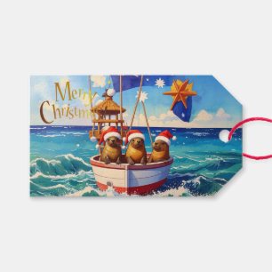 Three Seals with Santa hats Merry Christmas Gift Tags