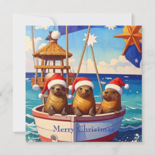 Three Seals with Santa hats Merry Christmas Holiday Card