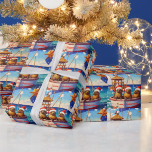 Three Seals with Santa hats Merry Christmas Wrapping Paper