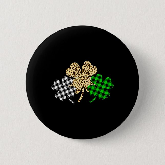 Three Shamrocks Leopard Buffalo Plaid St Patrick D 2 Inch Round Button (Front)
