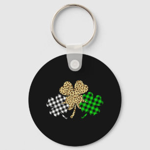 Three Shamrocks Leopard Buffalo Plaid St Patrick D Keychain