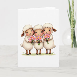 Three Sheep With Flowers Card
