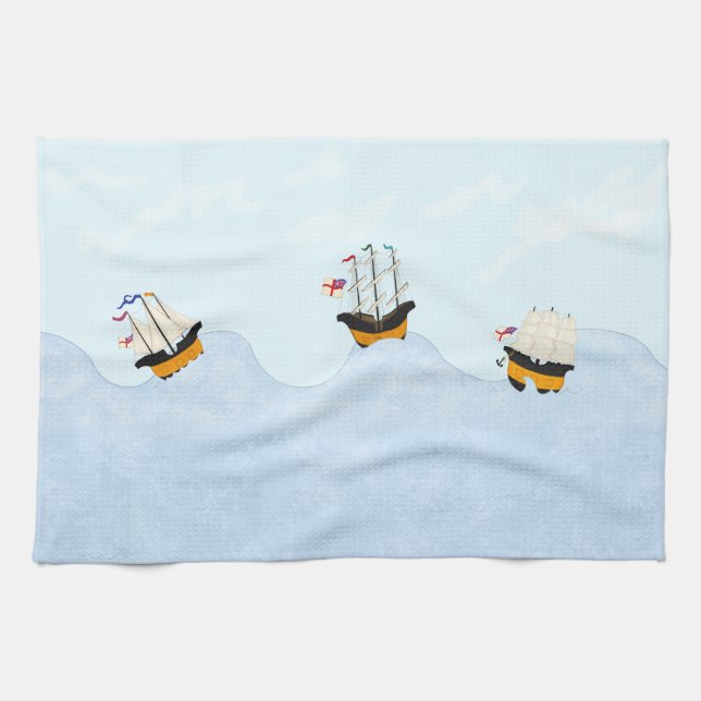 Three Ships Sailing on the Rolling Sea Nautical Kitchen Towel (Horizontal)