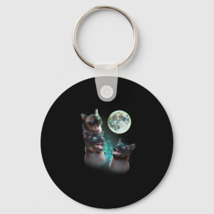Three Siamese Cats Howl At The Moon Funny Hallowee Keychain