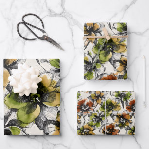 Three Sizes Abstract Alcohol Wash Pen Ink Flowers Wrapping Paper Sheet