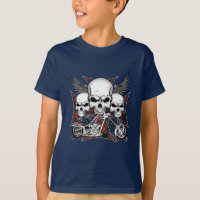 Three Skull with Red Chopper Motorcycle Boy  T-Shi