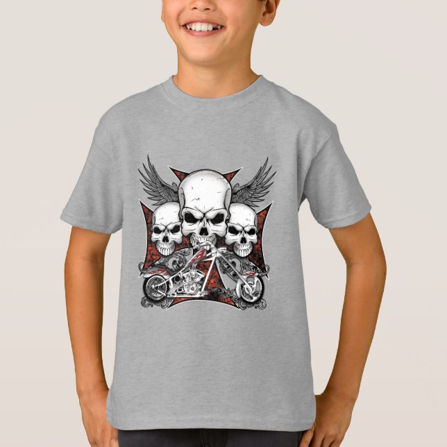 Three Skull with Red Chopper Motorcycle Boy  T-Shi T-Shirt (Front)