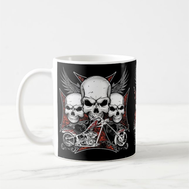 Three Skull with Red Chopper Motorcycle   Coffee Mug (Left)