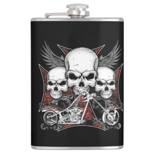 Three Skull with Red Chopper Motorcycle Hip Flask