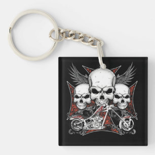 Three Skull with Red Chopper Motorcycle Keychain