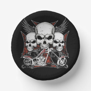Three Skull with Red Chopper Motorcycle  Paper Plate