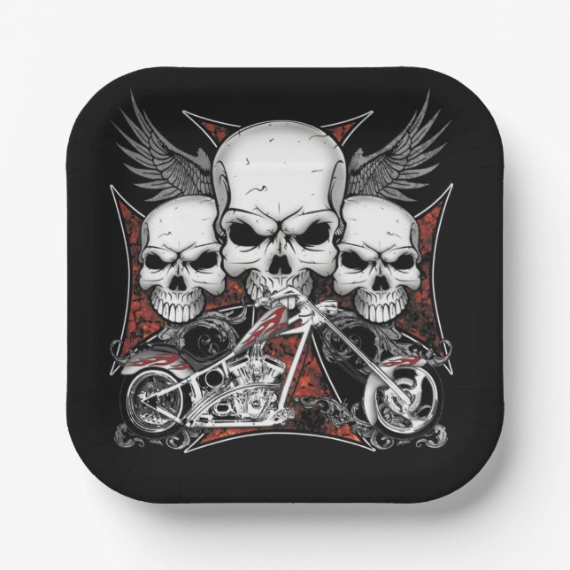 Three Skull with Red Chopper Motorcycle Square Paper Plate (Front)