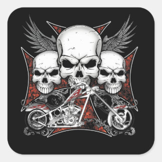 Three Skull with Red Chopper Motorcycle Square Square Sticker
