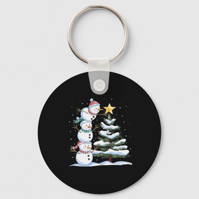 Three Snowmen Are Arranging A Christmas Tree Cute  Keychain (Front)