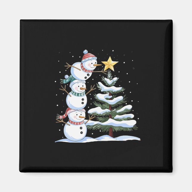 Three Snowmen Are Arranging A Christmas Tree Cute  Magnet (Front)
