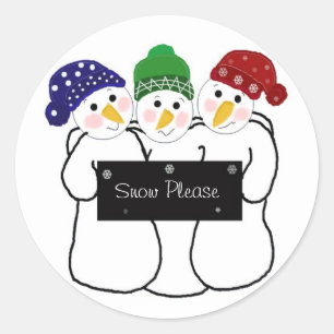 Three Snowmen with a Winter Sign Classic Round Sticker