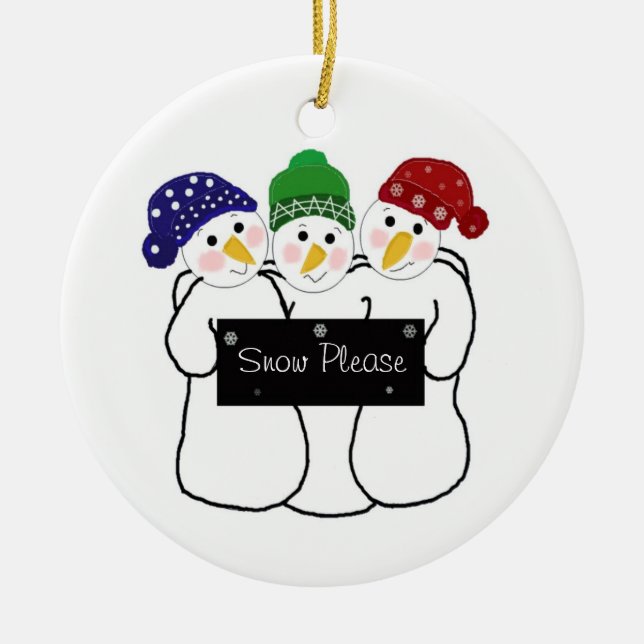 Three Snowmen with Snow Sign Ceramic Ornament (Front)