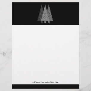 Three Snowy Christmas Trees. Black White. Letterhead