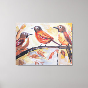 Three Songbirds on Branch Folk Art Canvas Print