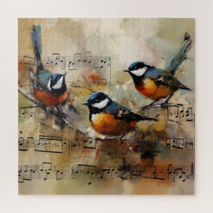 Three Songbirds on Sheet Music Watercolor Painting Jigsaw Puzzle