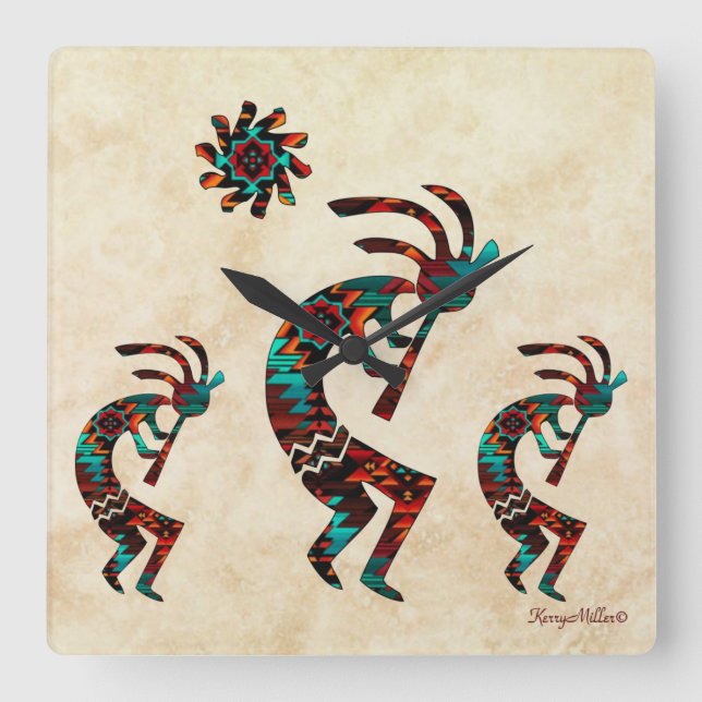 Three Southwest Kokopelli Square Wall Clock (Front)