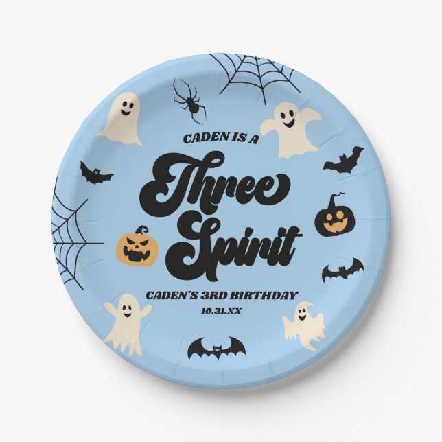 Three Spirit Blue Halloween 3rd Birthday Party Paper Plate (Front)