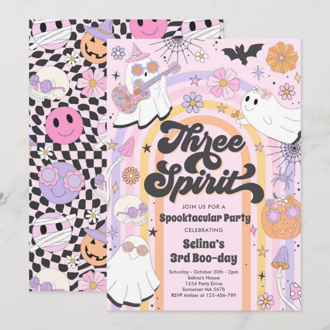 Three Spirit Halloween Groovy Ghost 3rd Birthday Invitation (Front/Back)