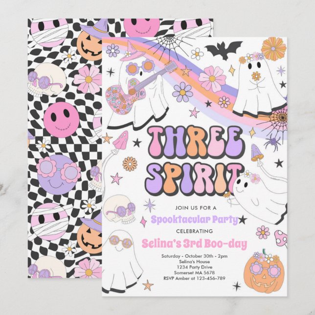 Three Spirit Halloween Groovy Ghost 3rd Birthday Invitation (Front/Back)