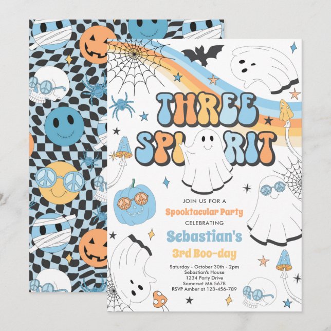 Three Spirit Halloween Groovy Ghost 3rd Birthday Invitation (Front/Back)