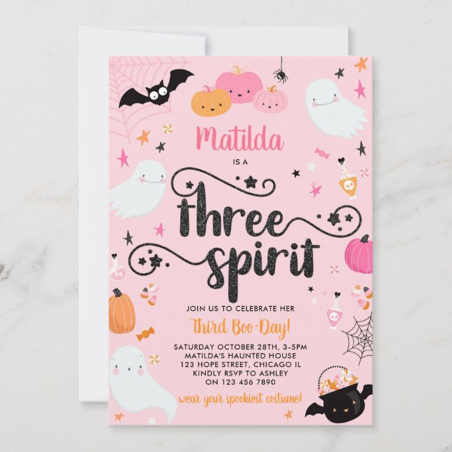 Three Spirit Pink Halloween 3rd Birthday Party     Invitation (Front)