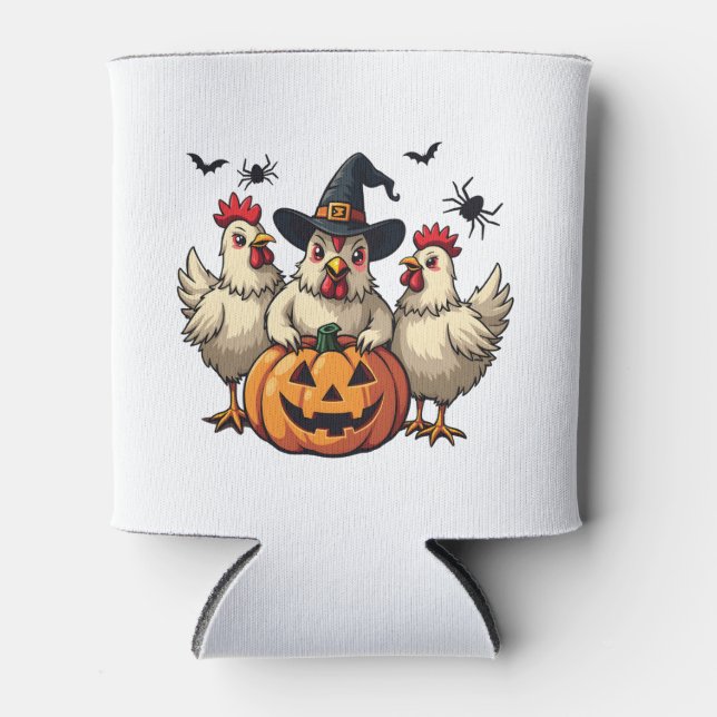 Three Spooky Halloween Chickens Farmer Fall Witch Can Cooler (Front)