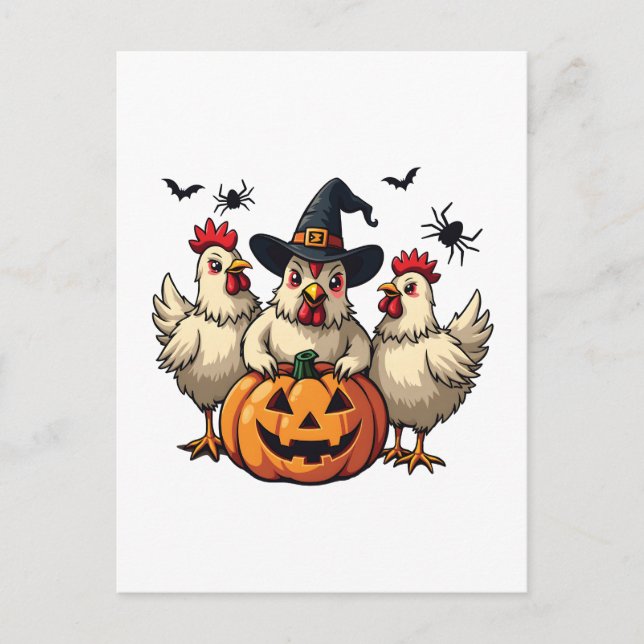 Three Spooky Halloween Chickens Farmer Fall Witch Postcard (Front)