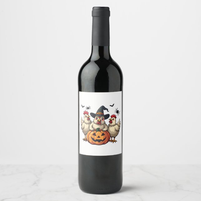 Three Spooky Halloween Chickens Farmer Fall Witch Wine Label (Front)