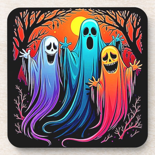 Three Spooky Halloween Ghosts Design Coaster (Front)