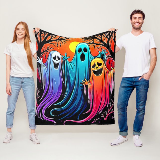 Three Spooky Halloween Ghosts Design Fleece Blanket (In Situ)