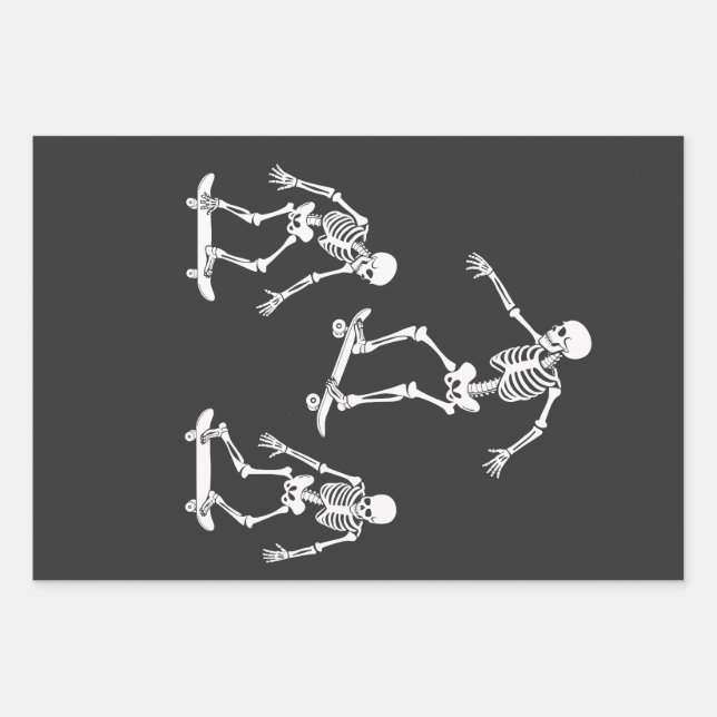 Three Spooky Skating Skeleton Halloween Skateboard Wrapping Paper Sheet (Front)