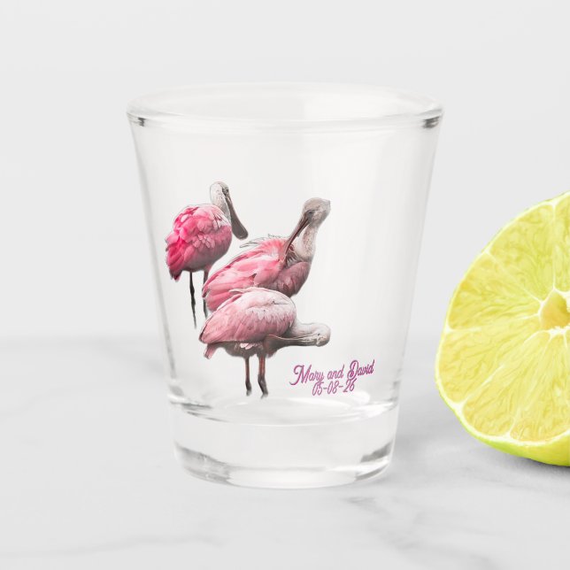 "Three Spoonbills" Shot glass (Front)