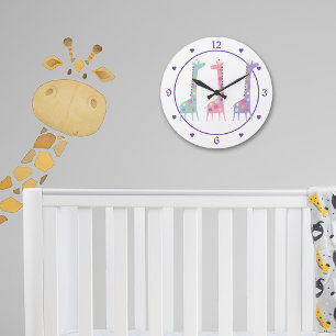 Three Spotted Giraffes Purple Heart Large Clock