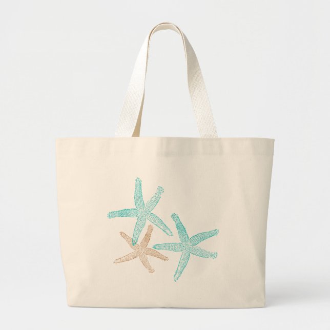 Three Starfish Teal and Tan Large Tote Bag (Front)