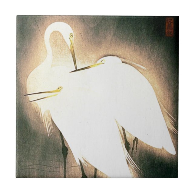 Three Storks Japanese Woodblock Art Ukiyo-E Tile (Front)