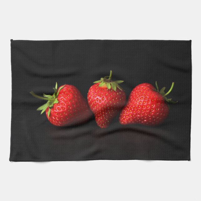 Three Strawberries On Black ktm Kitchen Towel (Horizontal)