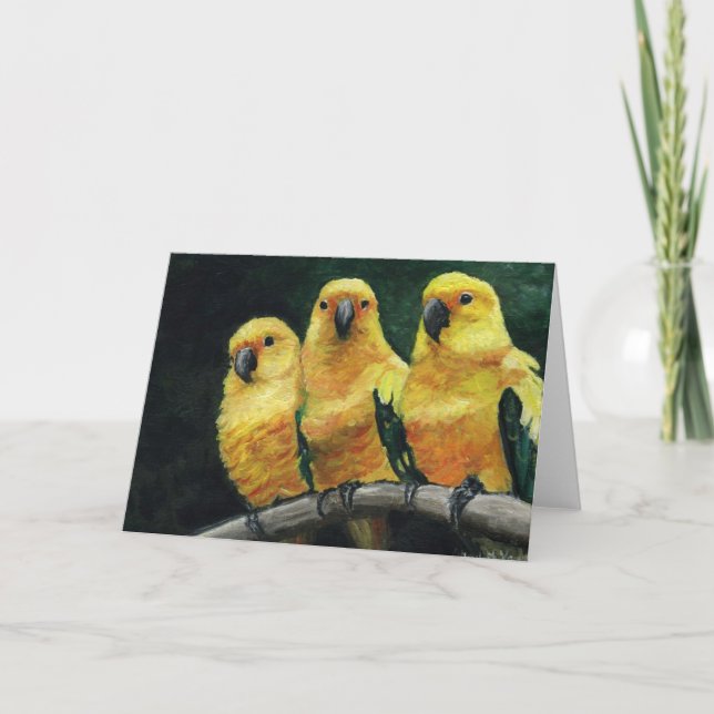 "Three Sun Conures" Bird Art  Greeting Card (Front)