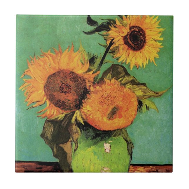 Three Sunflowers in a Vase by Vincent van Gogh Tile (Front)