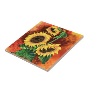 Three Sunflowers Paintinted Ceramic Tile