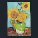 Three Sunflowers | Vincent van Gogh Kitchen Towel<br><div class="desc">Three Sunflowers (1888) by Vincent van Gogh is a vibrant still life that showcases the artist’s signature thick brushstrokes and bold use of colour. The painting features three sunflowers in a simple vase, their golden petals contrasting against the aqua blue background. Van Gogh's vivid yellow palette brings energy and life...</div>