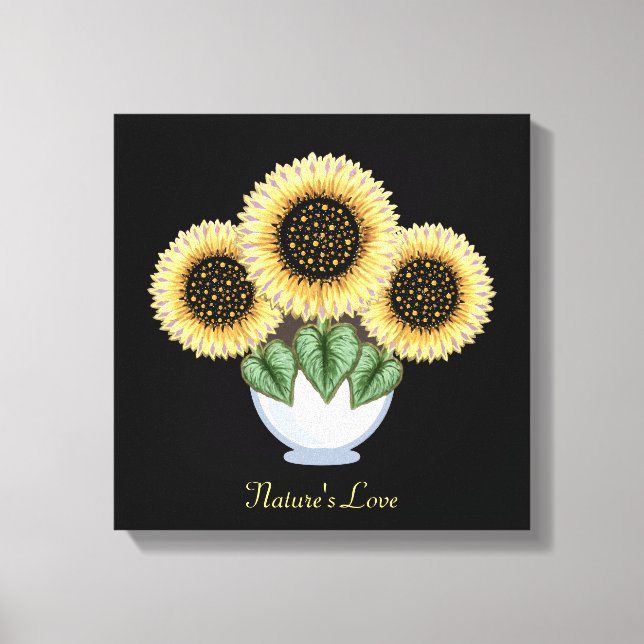 Three Sunflowers with Heart Leaves in a Vase Canvas Print (Front)