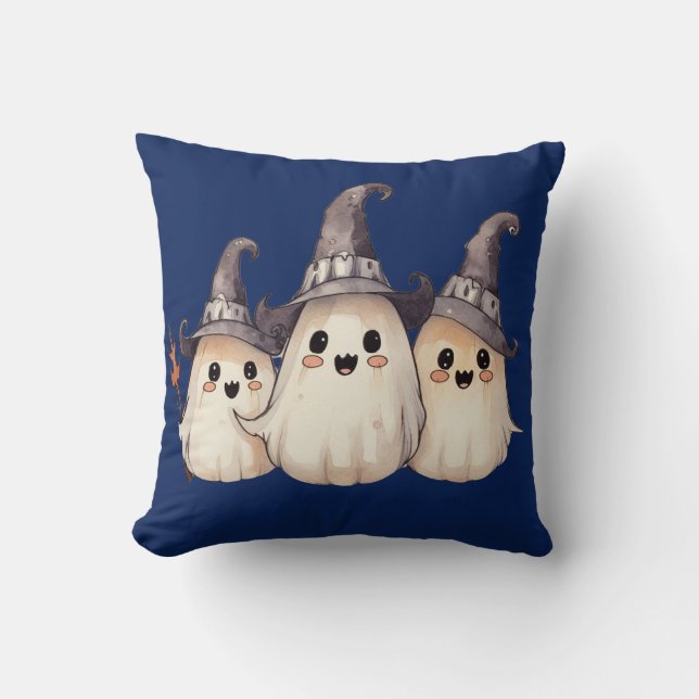 Three Super Cute Ghosts Dark Blue Halloween Throw Pillow (Front)