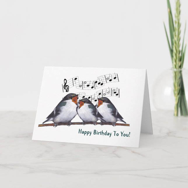 Three Swallows Singing Happy Birthday: Oil Pastel Card (Front)