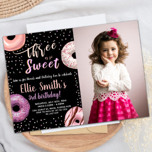 Three Sweet Black Photo Doughnut Birthday Invitati Invitation