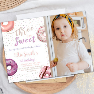 Three Sweet Doughnut Birthday Invitations with pho